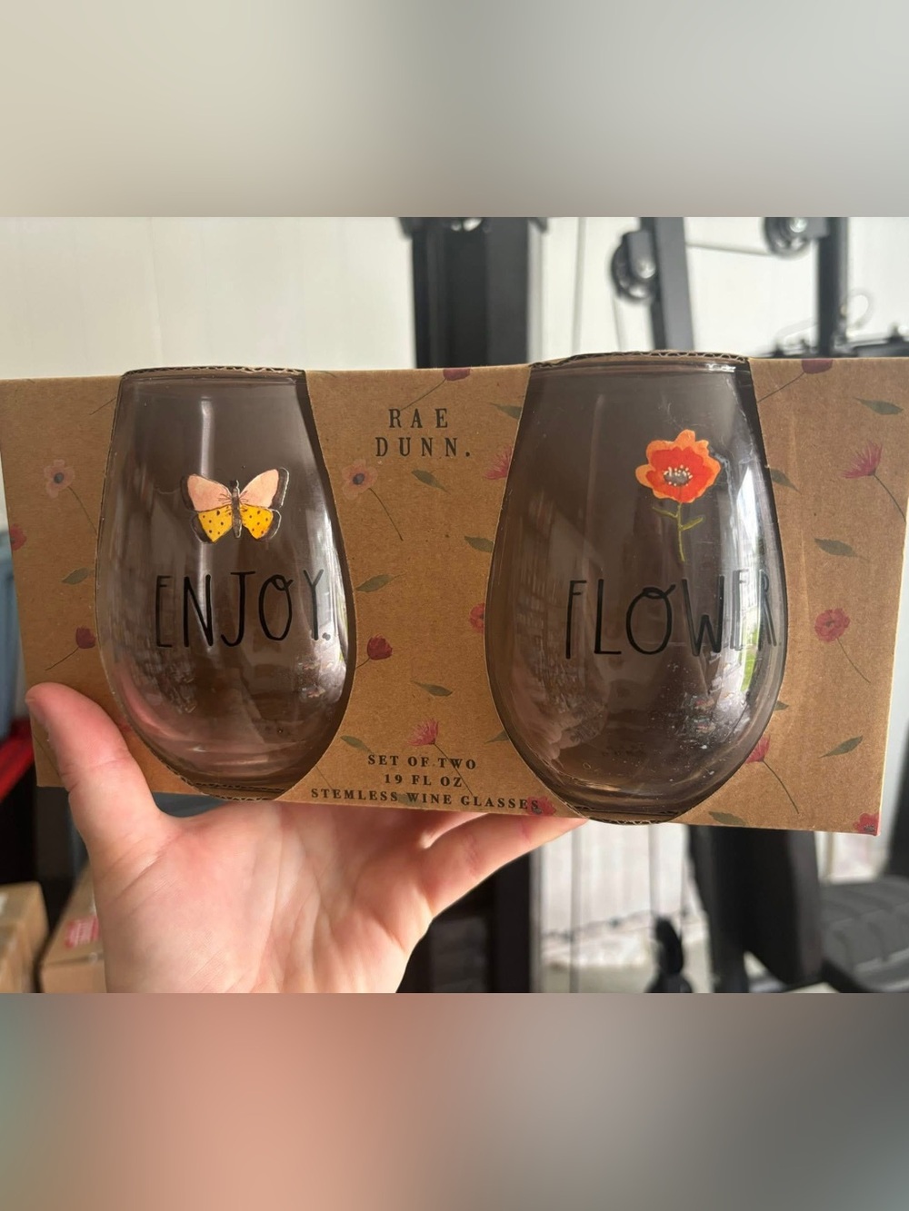 Rae Dunn Brown Stemless Glasses with Butterfly & Flower Accents
